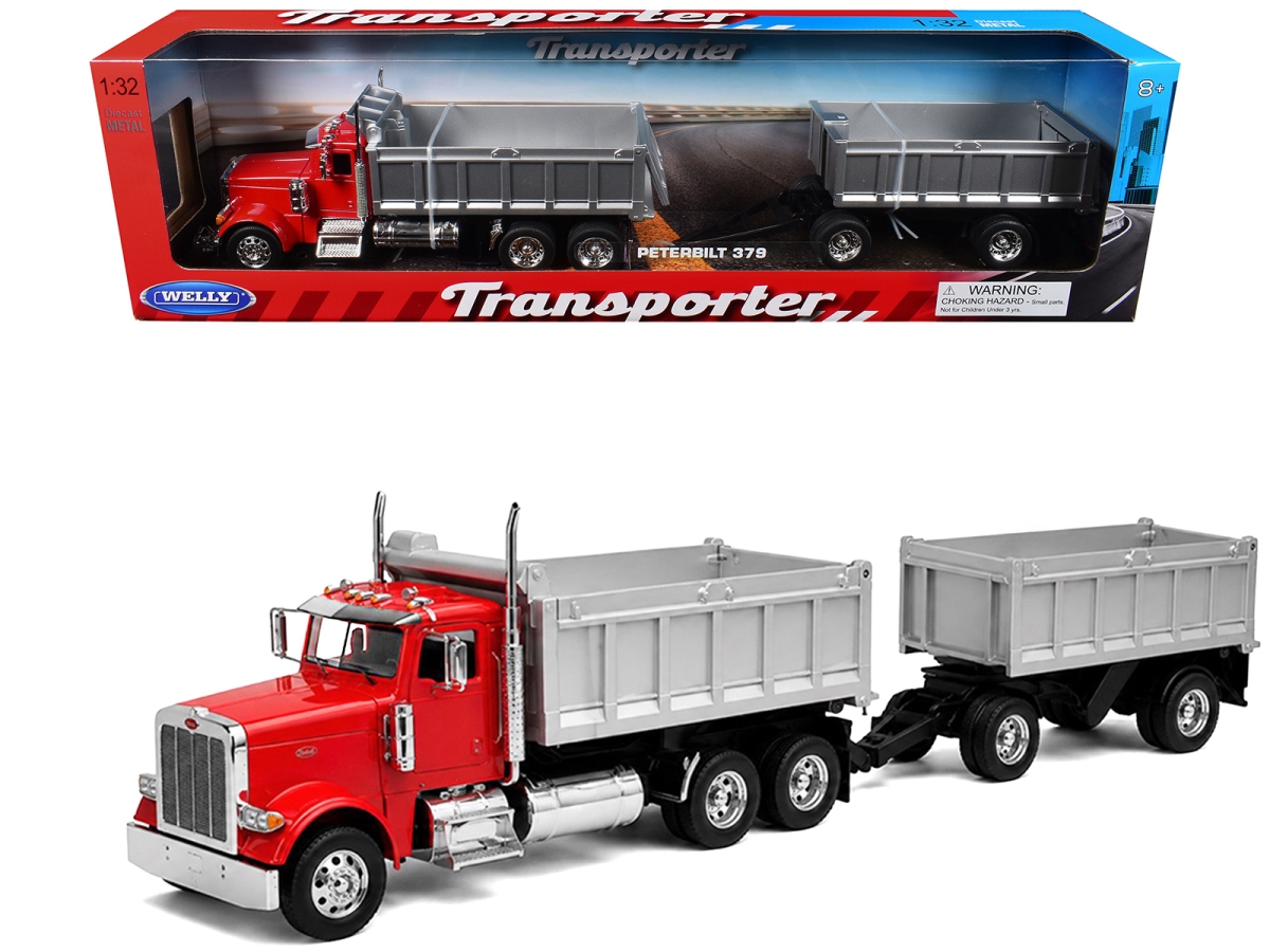 39944-2GRD Peterbilt 379 Red Dump Truck with Gray Double Dump Trailer Transporter Series 1-32 Scale Diecast Model