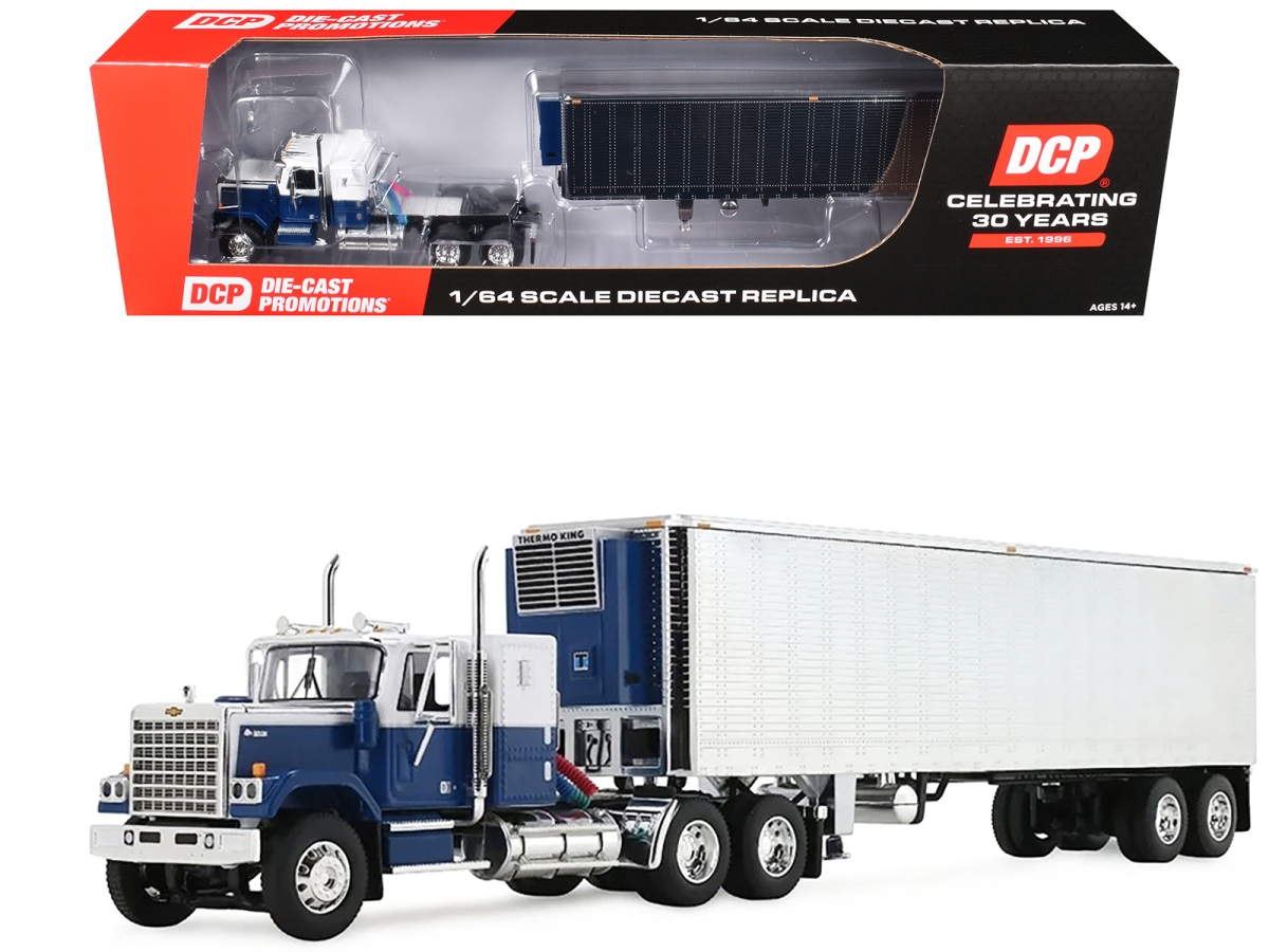 60-2345 Chevrolet Bison with 34 in. Flat Top Sleeper & 40 ft. Vintage with Reefer Blue & White 1-64 Scale Diecast Model Trailer