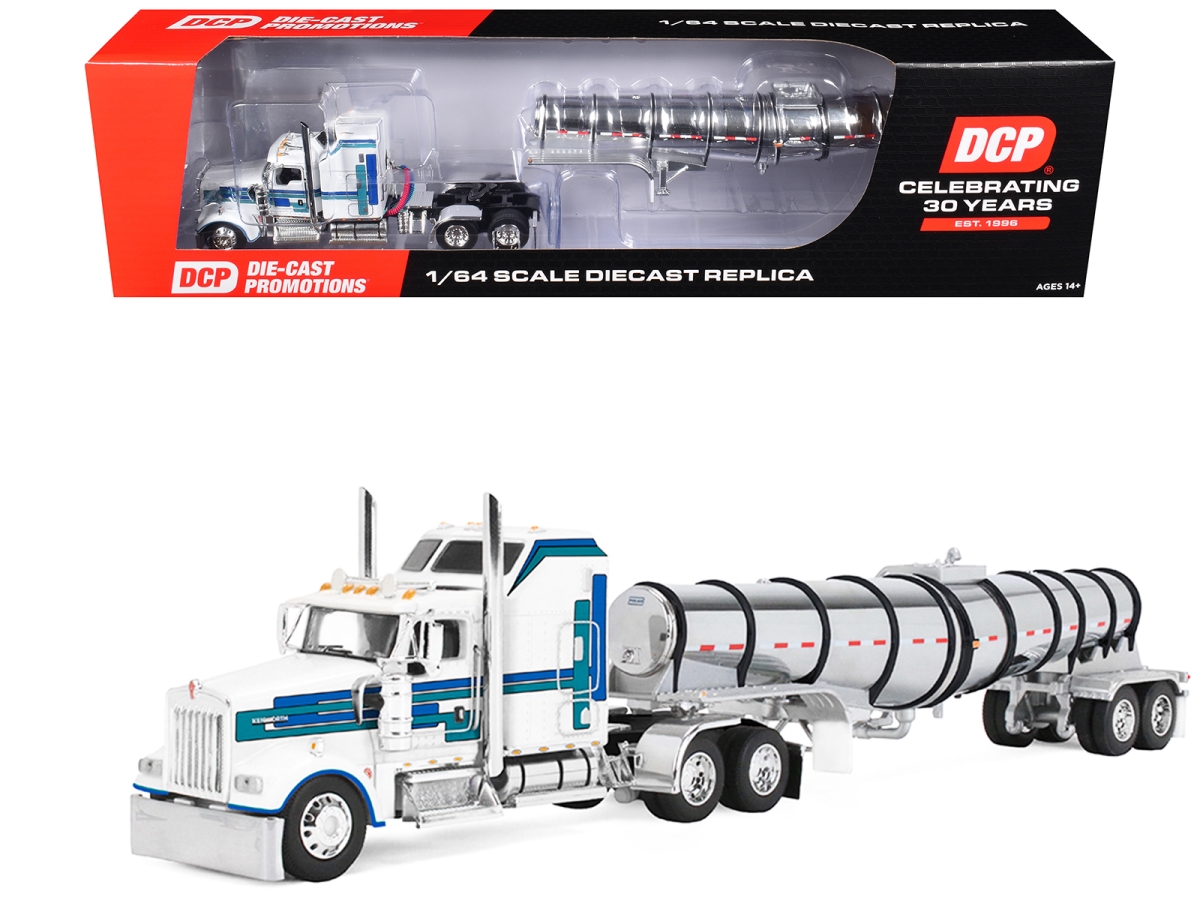 60-2353 Kenworth W900L with 60 in. Aerodyne Sleeper & Polar Deep Drop White with Blue & Green Stripes 1-64 Scale Diecast Model Trailer