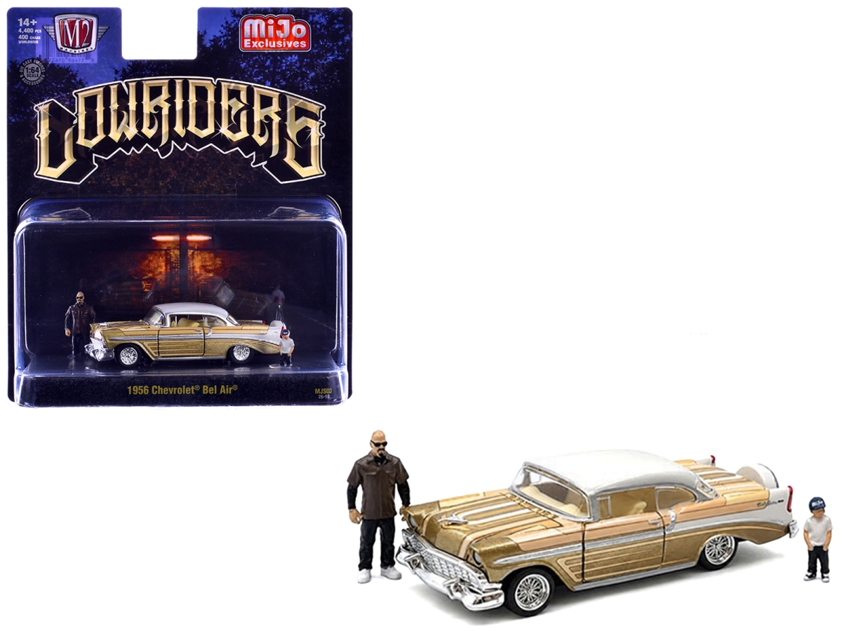 1956 Chevrolet Bel Air Lowrider Gold Metallic with Gold Interior & White Top with 2 Figures to 4400 Piece Worldwide 1-64 Scale Diecast Model Car