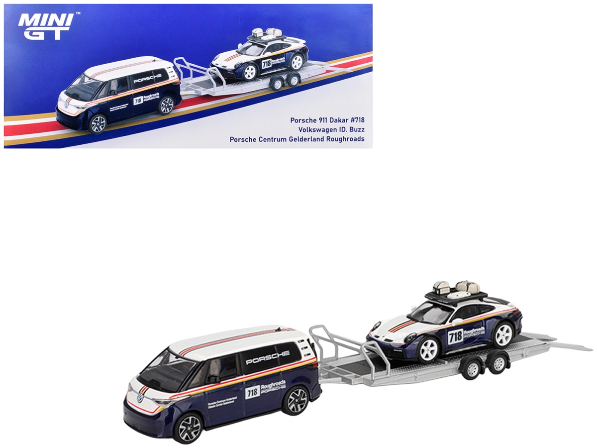 MGTS0019 Porsche 911 Dakar No.718 with Roof Rack & Volkswagen ID. Buzz Blue & White with Flatbed Trailer 1-64 Scale Diecast Model Car - 3 Piece