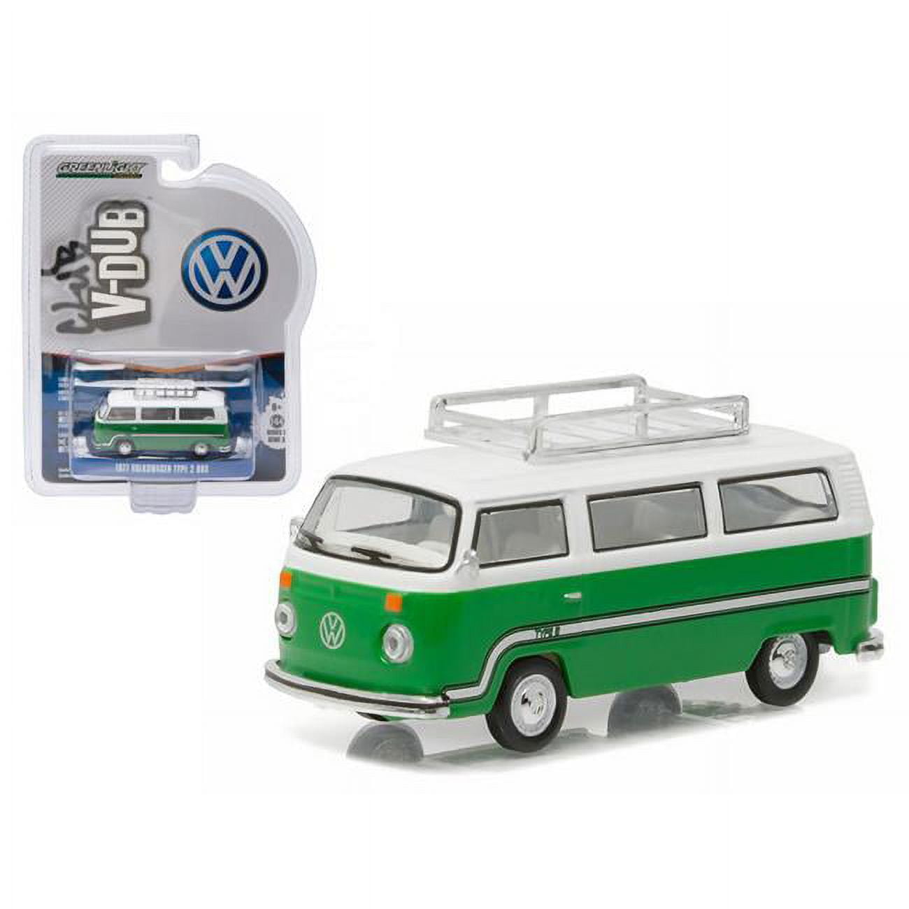 29840F 1 by 64 1977 Volkswagen Type Two Bus Sumatra with Roof Rack & Stripes, Green -  GreenLight