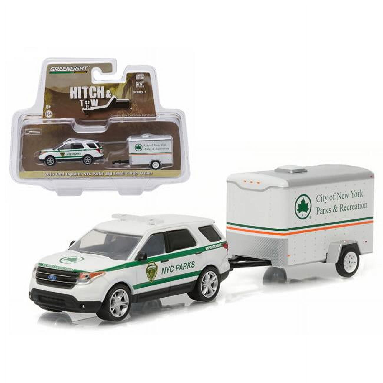 2015 Explorer New York City Department of Parks and Recreation & Small Cargo Trailer Hitch & Tow Series 7 1/64 Diecast Car Model by Greenlight 32070D