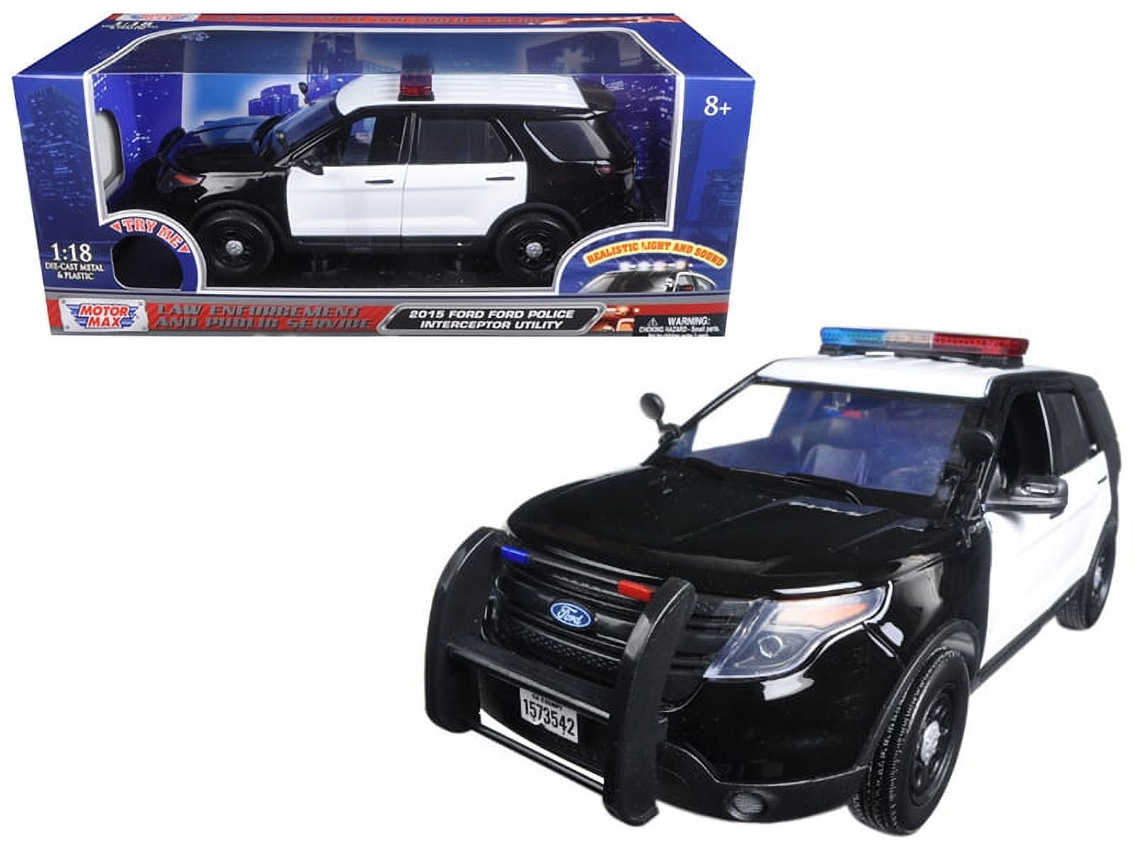 73996 2015 Ford Police Interceptor Utility Black & White with Flashing Light Bar, Front & Rear Lights & 2 Sounds 1by18 Diecast Model Car -  MOTORMAX