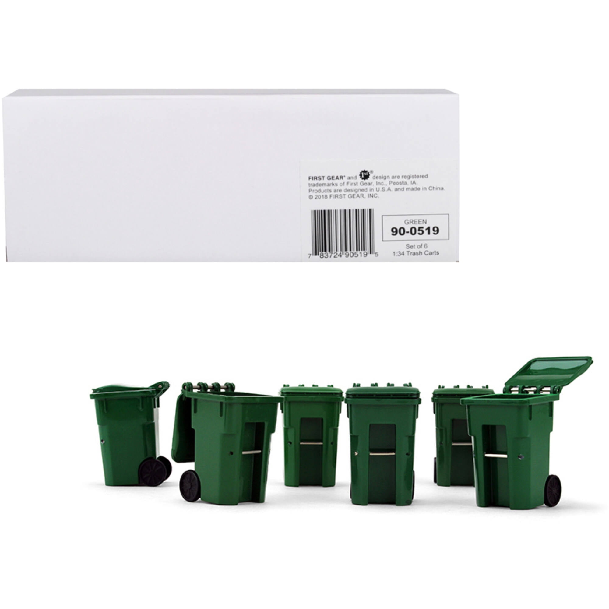 1 by 34 scale Plastic Collectible Green Trash Carts - Set of 6