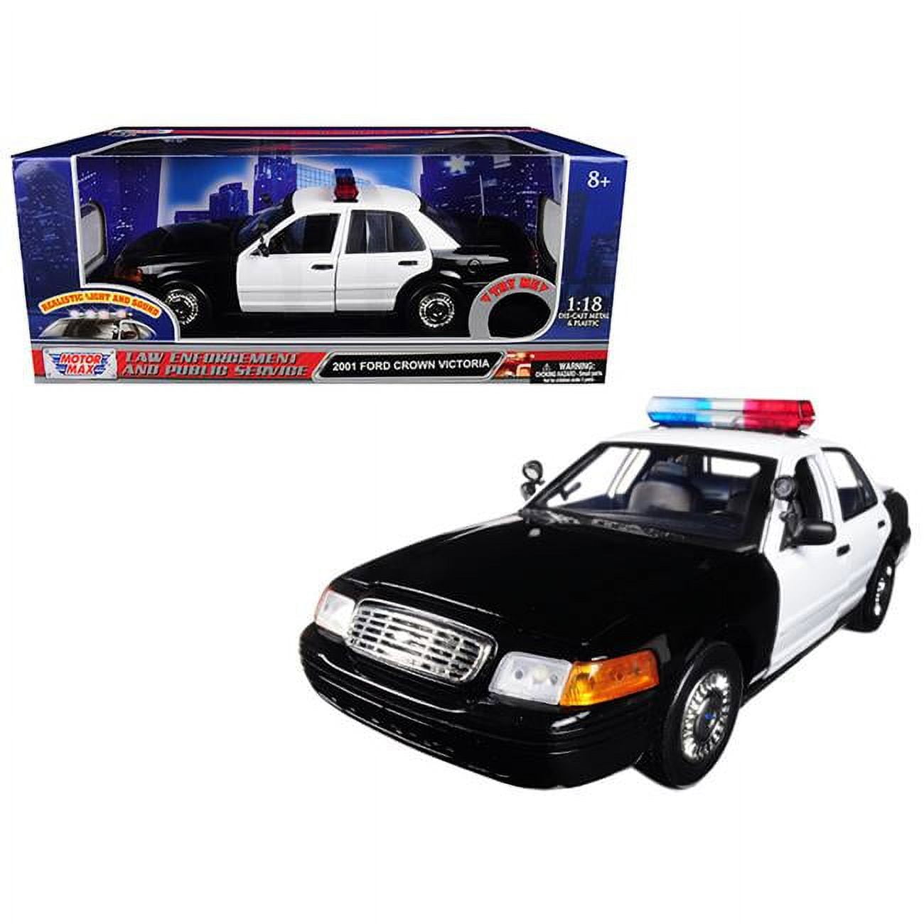 73991 1-18 2001 Ford Crown Victoria Police Diecast Model Car with Front & Rear Lights & Sound - Black, White -  Motormax Toy