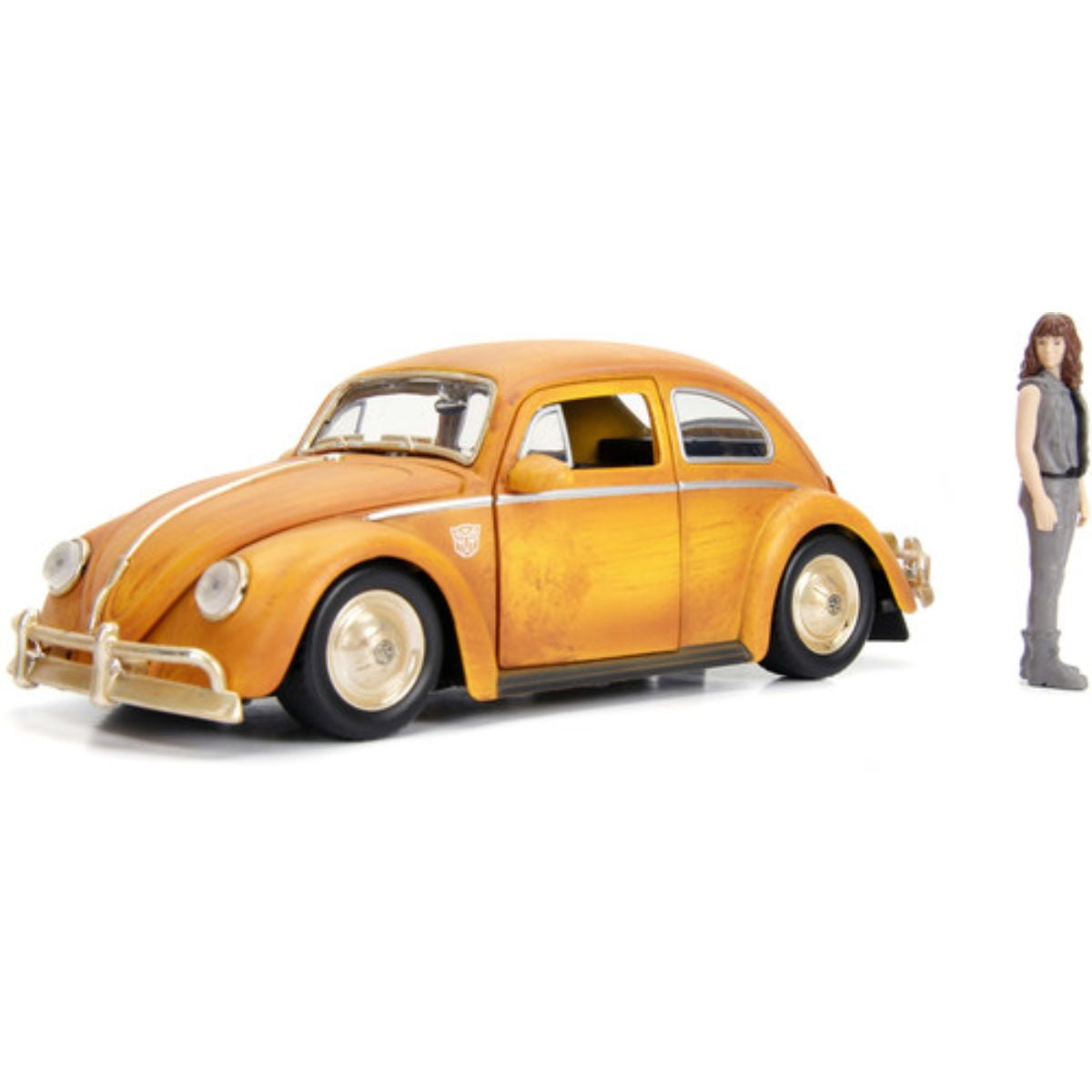 Jada  Volkswagen Beetle Weathered Yellow with Robot on Chassis & Charlie Diecast Figurine Bumblebee 2018 Movie 1-24 Diecast Model Car