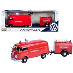 Picture of Motormax 79671 Volkswagen Type 2 T1 Fire Van with Fire Fighting Trailer Feuerwehr Red 1-24 Diecast Model Car