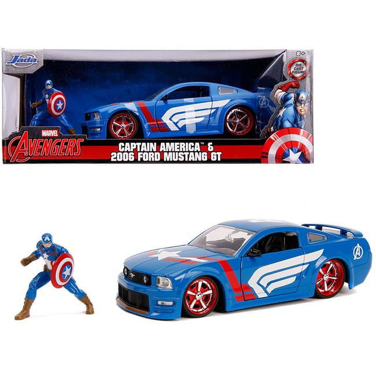 Jada  2006 Ford Mustang GT with Captain America Diecast Figurine Avengers Marvel Series 1 by 24 Diecast Model Car