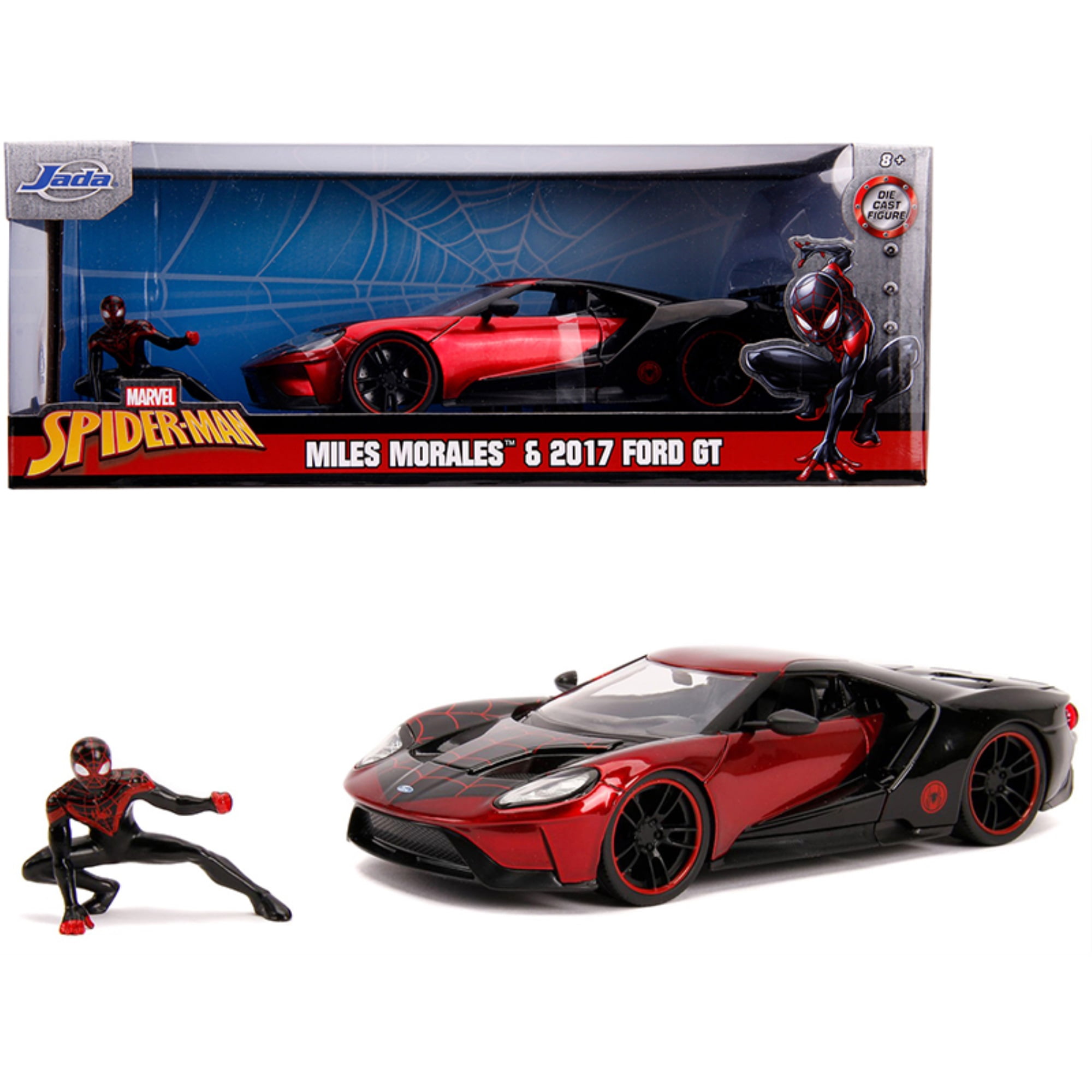 Jada 31190 2017 Ford GT with Miles Morales Diecast Figurine Spider Man Marvel Series 1 by 24 Diecast Model Car