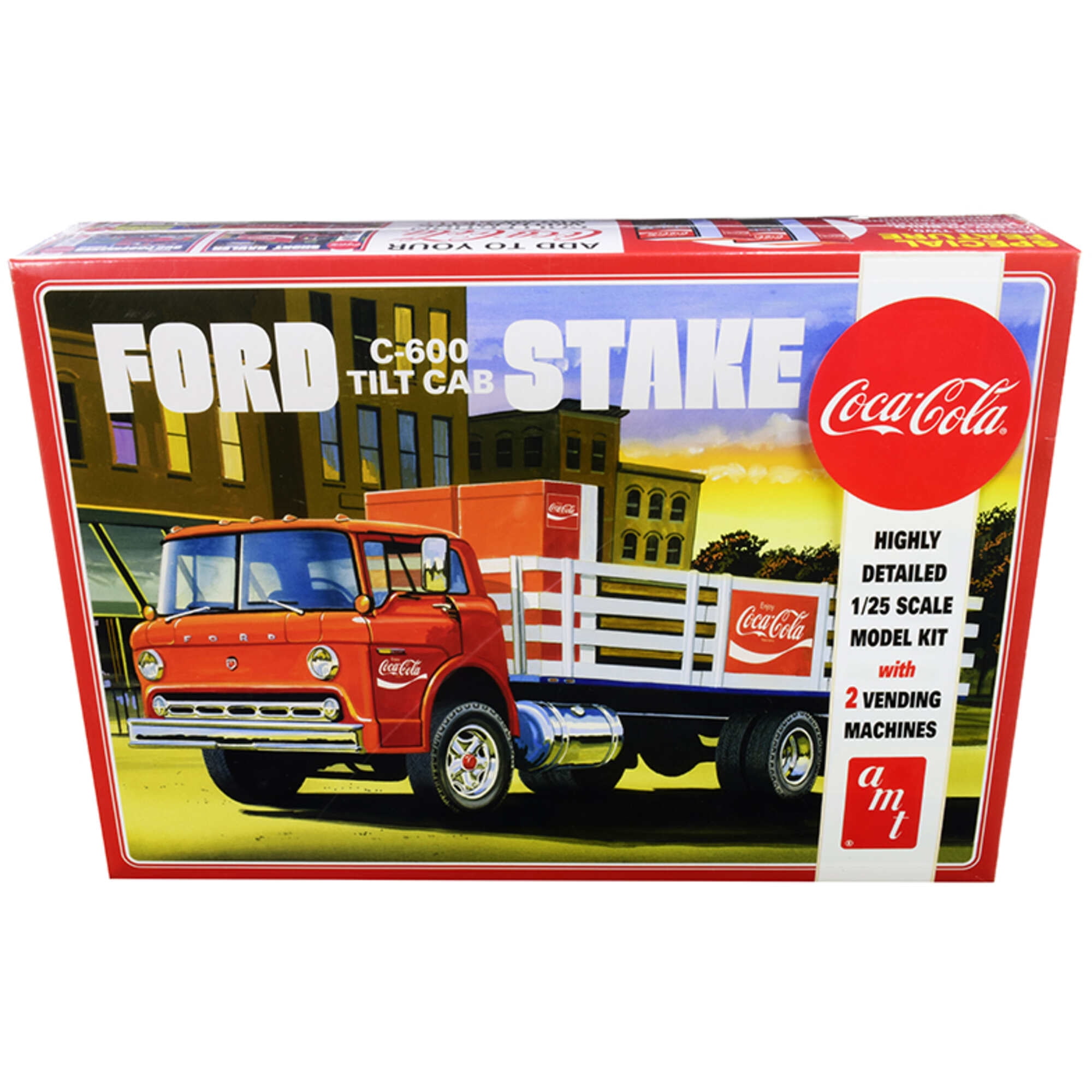 Picture of AMT AMT1147 Skill 3 Model Kit Ford C600 Stake Bed Truck with Two Coca-Cola Vending Machines 1 by 25 Scale Model