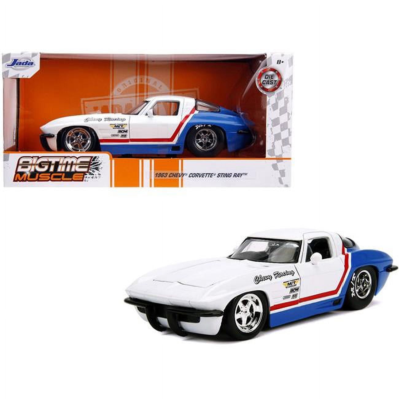 1963 Chevrolet Corvette Stingray White & Blue with Red Stripe Chevy Racing Bigtime Muscle 1-24 Diecast Model Car -  Endless Games, EN3477291