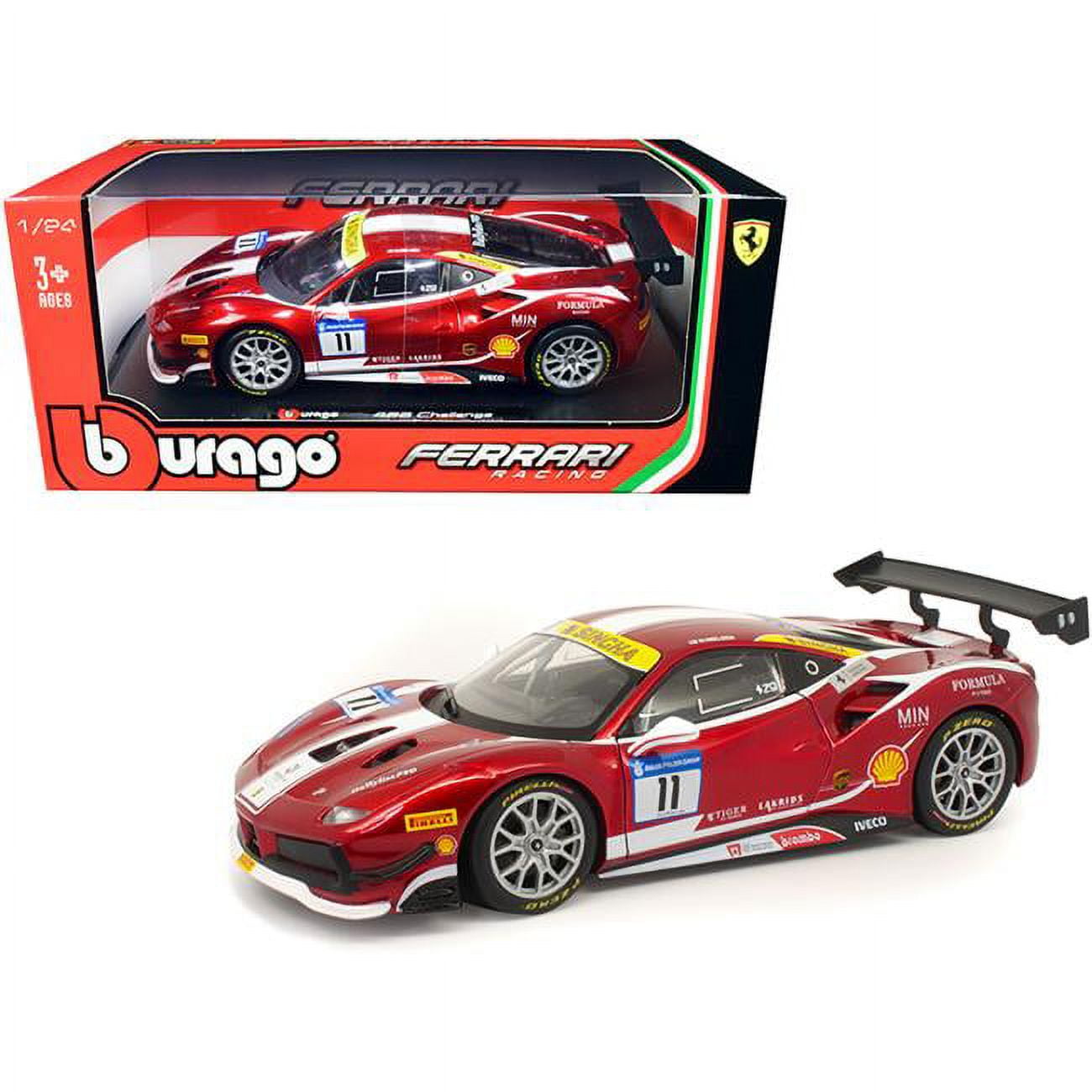 B  Ferrari 488 Challenge No 11 Candy Red with White Stripes Ferrari Racing 1 by 24 Diecast Model Car