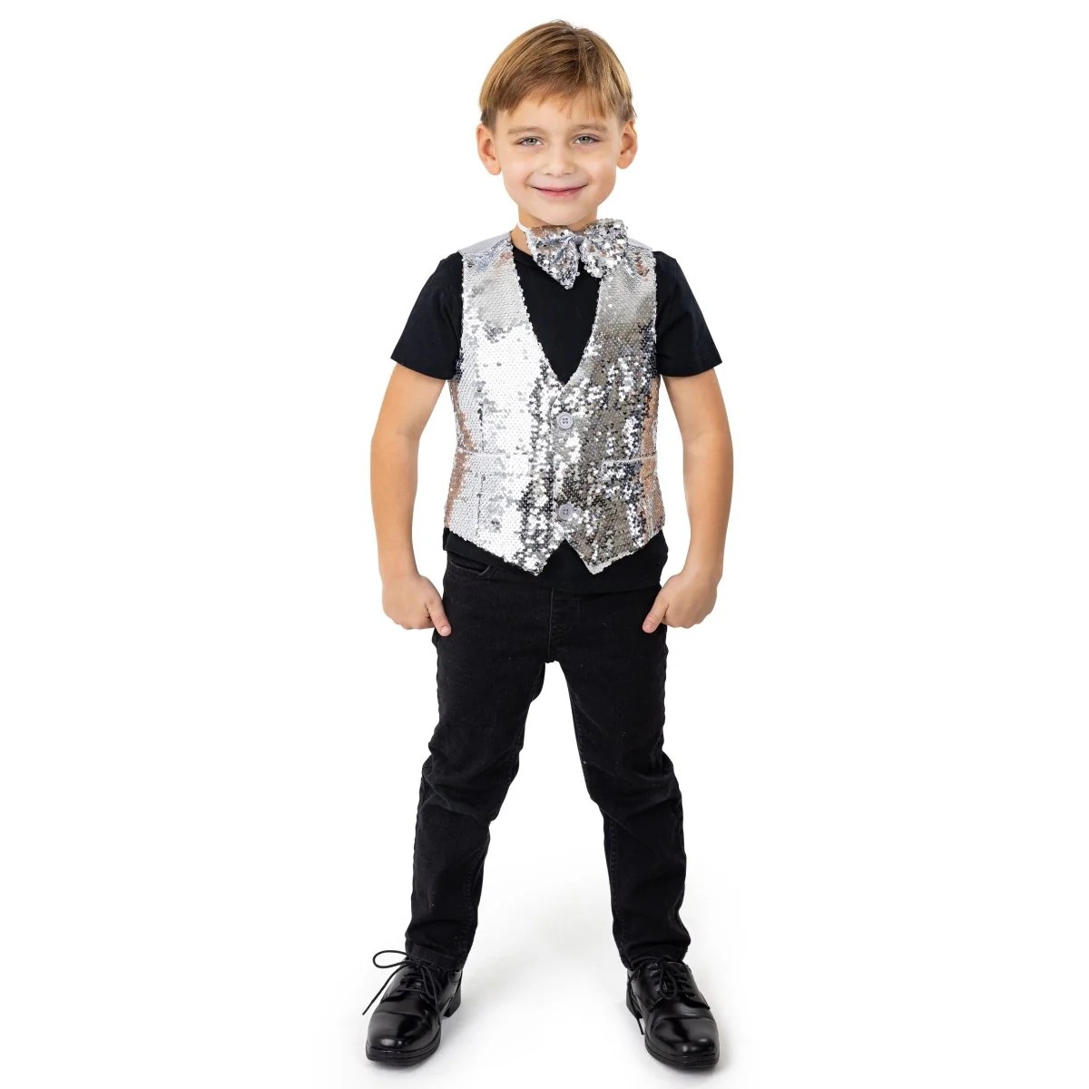Picture of Dress Up America 1250-XL Sequin Vest with Bowtie for Kids&#44; Silver - Extra Large - Age 16-18