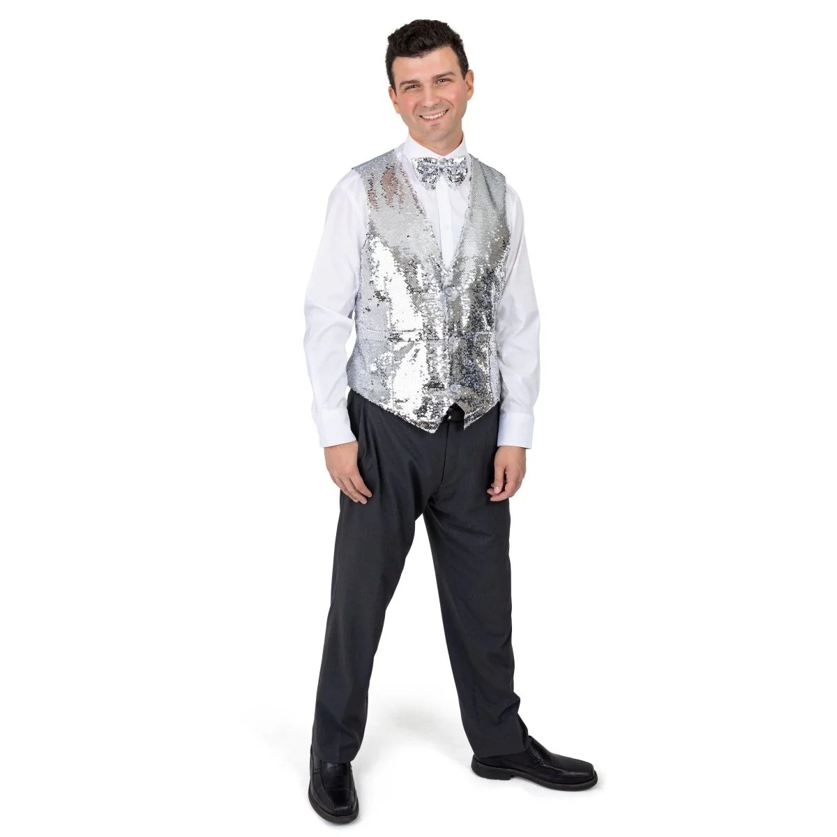 Picture of Dress Up America 1251-L Sequin Vest with Bowtie for Adults&#44; Silver - Large