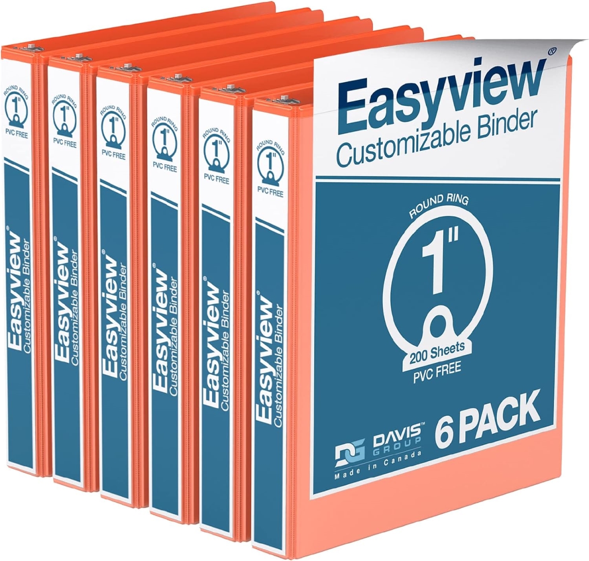 Easyview Premium, Round Ring, Customizable, View Binder, 6 Pack (Orange, 1')