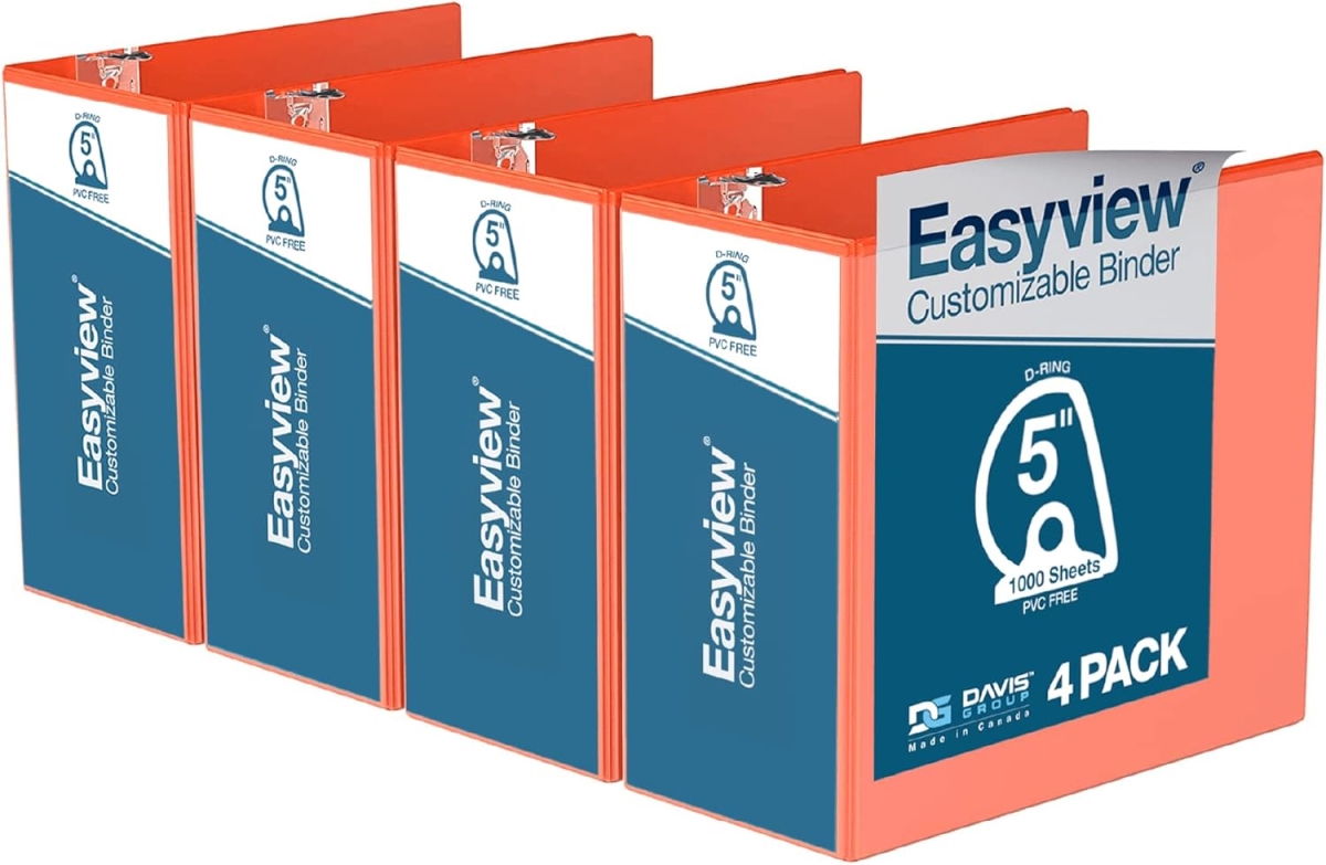 Easyview Premium, Angle D Ring, Customizable, View Binder, 4 Pack (Orange, 5')
