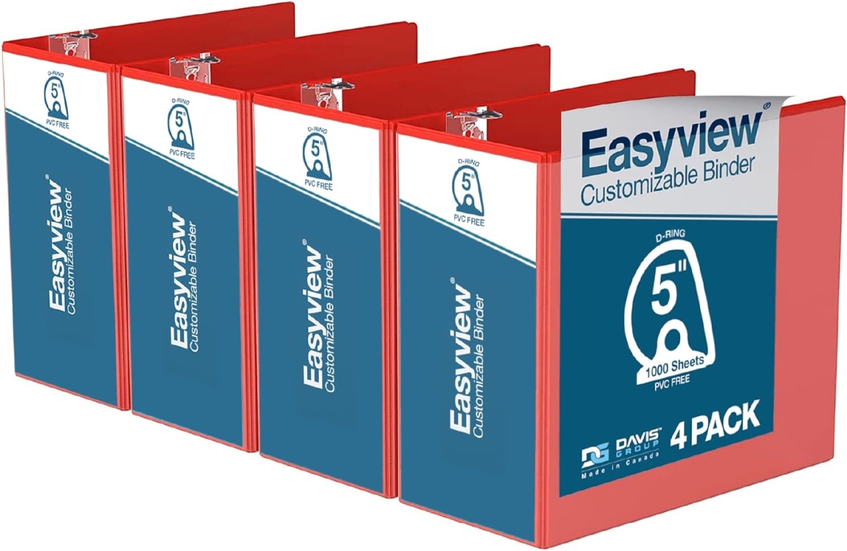 Easyview Premium, Angle D Ring, Customizable, View Binder, 4 Pack (Red, 5')