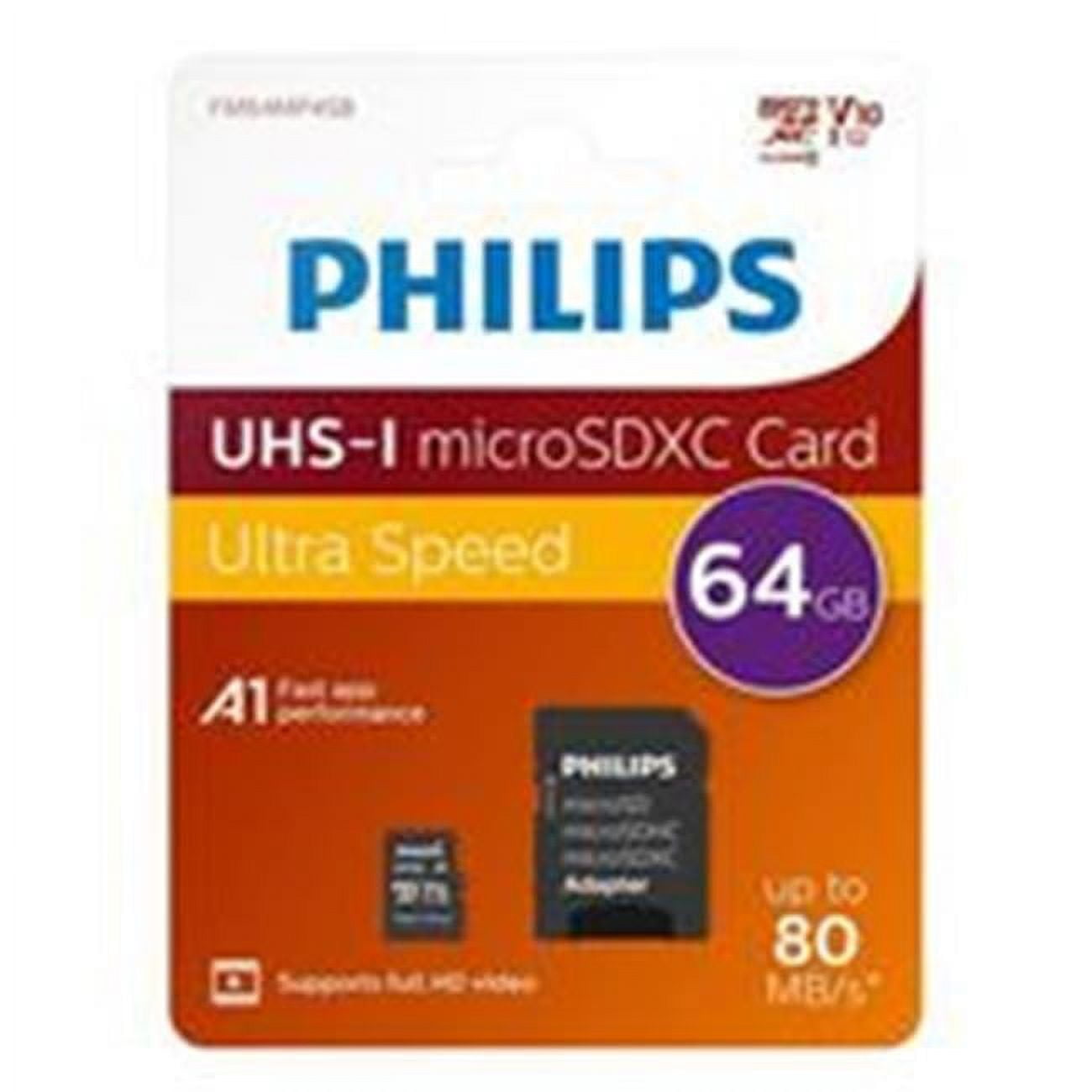 Picture of Philips PHMSDM64GXC10U1 64GB MicroSDXC Class 10-UHS-1- V10 Flash Memory Card with Adapter