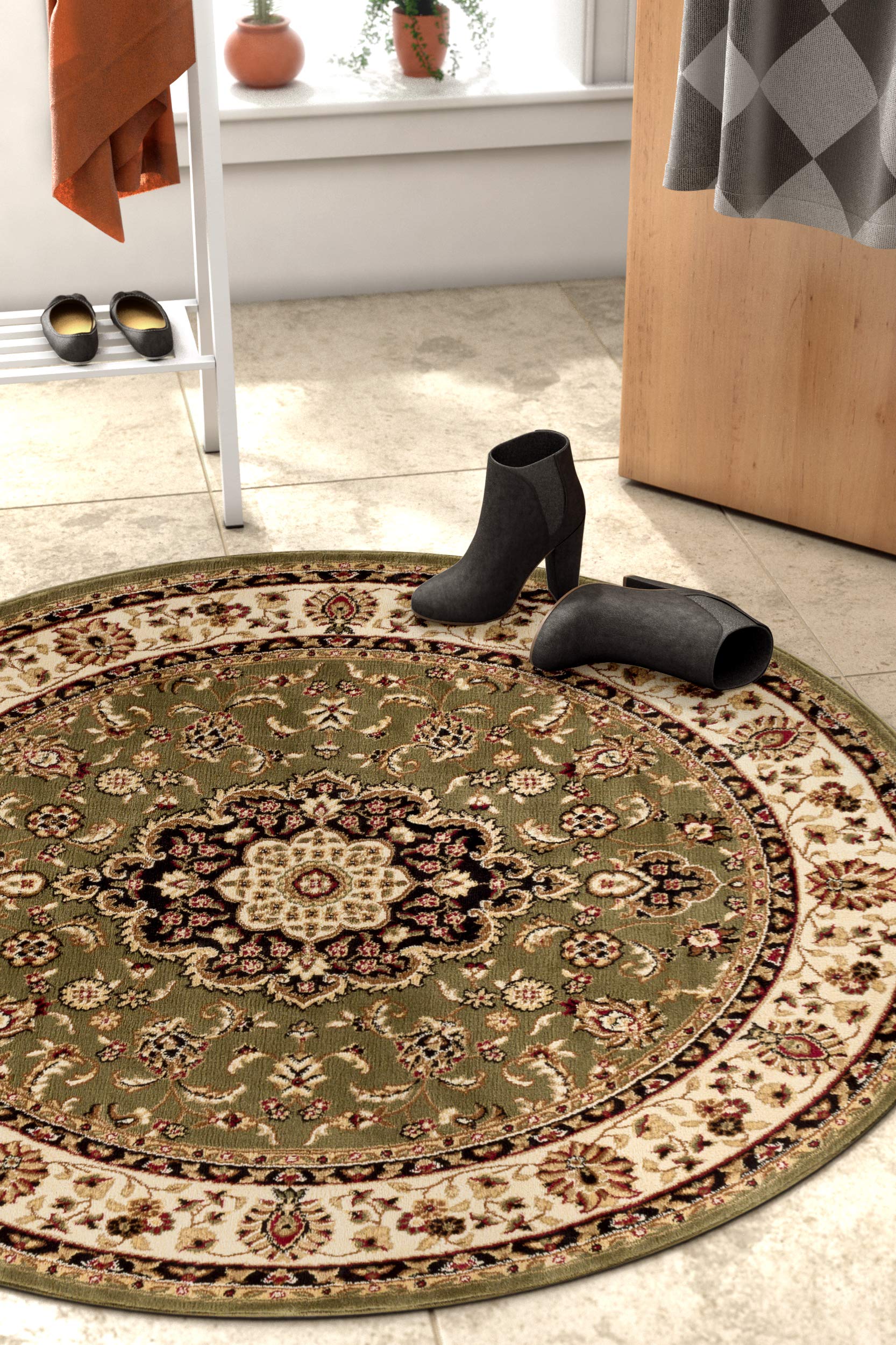 Barclay Medallion Kashan 5 ft. 3 in. Round Area Rug in Green