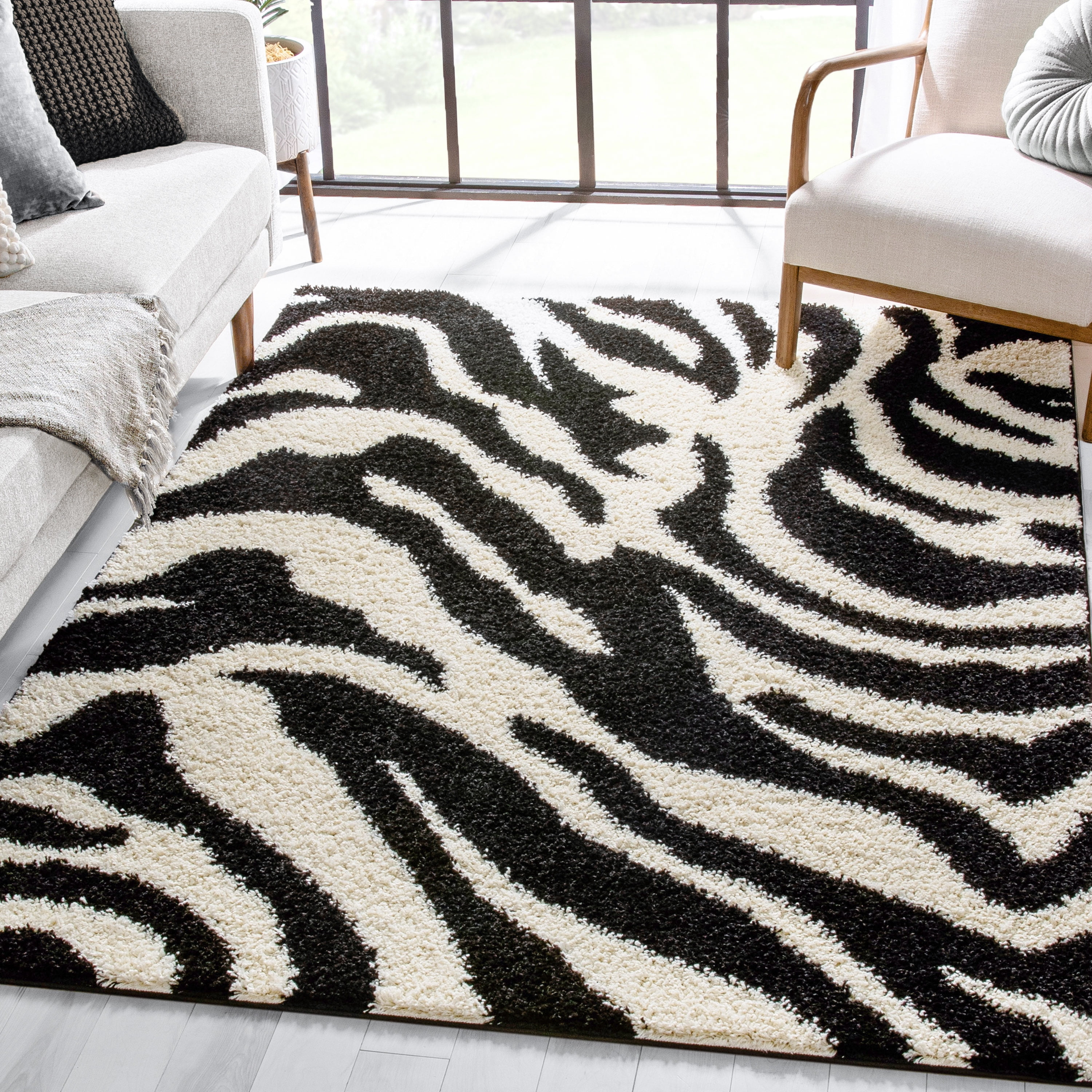 Madison Shag Safari Zebra 3 ft. 3 in. x 5 ft. 3 in. Rectangular Area Rug in Black