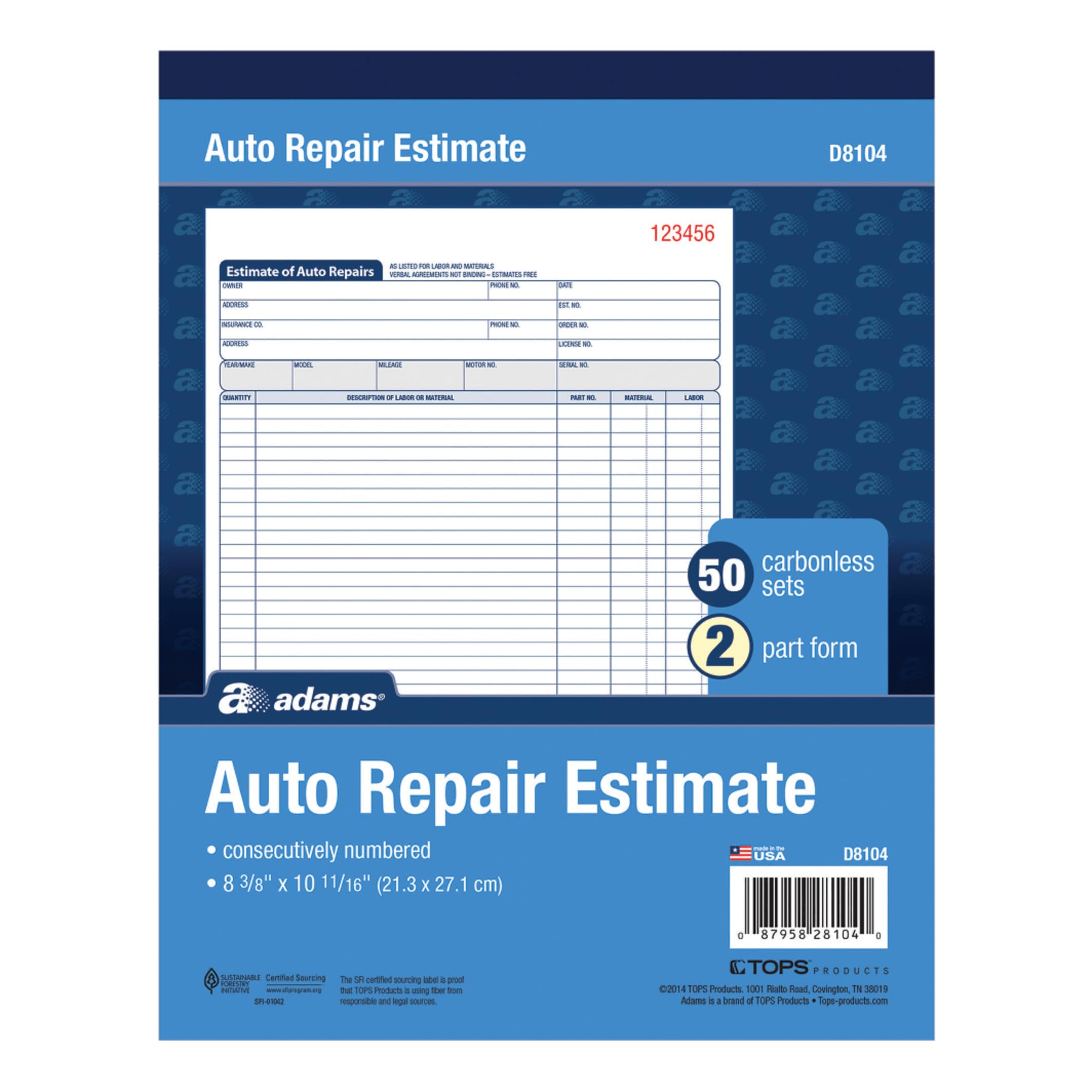 D8104 Auto Repair Estimate Book- 2-part- with carbon- 50 ST per BK