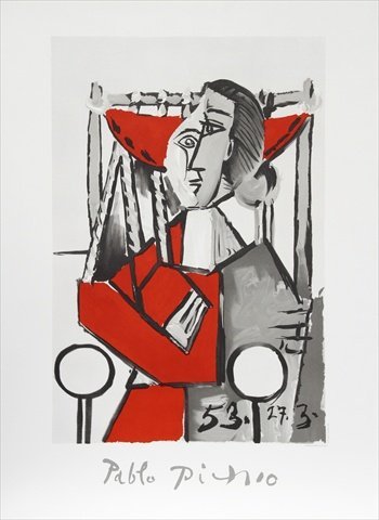Femme Assise- Lithograph on Paper - Red- Gray- Black