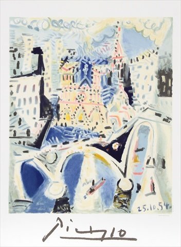 Notre Dame, Lithograph on Paper 29 In. x 22 In. - Blue, White, Black
