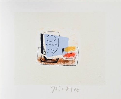Nature Morte au Verre- Lithograph on Paper - Blue- Black- Brown