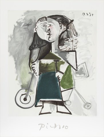 Fillette au Tricycle Lithograph on Paper - Green- Gray- Black