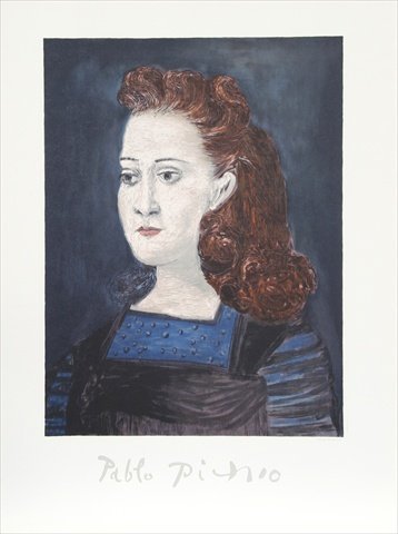 Femme a la Collerette Bleue- Lithograph on Paper - Blue- Red- Black