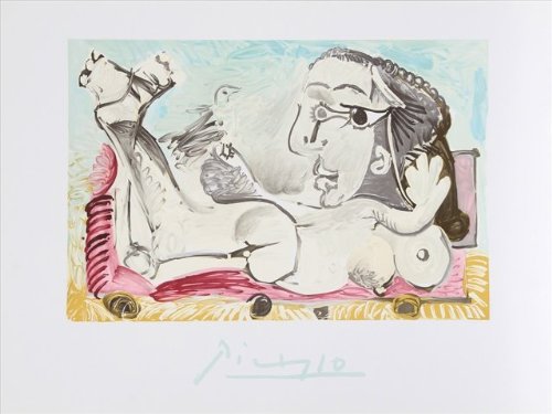 Nu Couche loiseau- Lithograph on Paper - Black- Yellow- Red- Blue