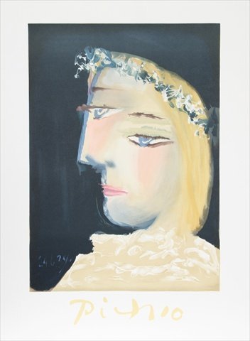 Femme a la Robe- Blanche Couronee de Fleurs- Lithograph on Paper 29 In. x 22 In. - Yellow- Black- Blue