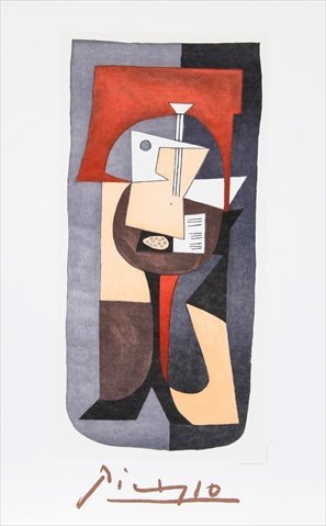 Guitare et Partition- Lithograph on Paper - Red- Beige- Black- Red