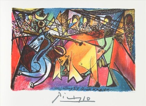 Course de Taureaux- Lithograph on Paper - Yellow- Red- Blue- Black