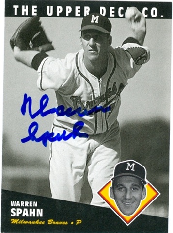 32049 Warren Spahn Autographed 1994 Bat Upper Deck Baseball Card Milwaukee Braves