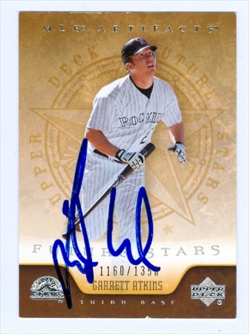 40074 Garrett Atkins Autographed Baseball Card Colorado Rockies 2005 Upper Deck Mlb Artifacts No. 122