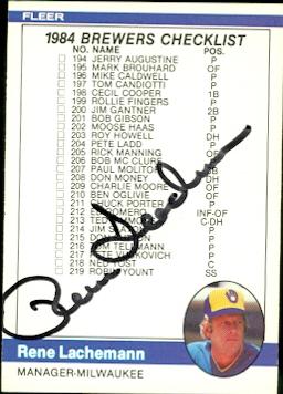 Rene Lachemann Autographed Baseball Card Milwaukee Brewers 1984 Fleer Checklist No .655
