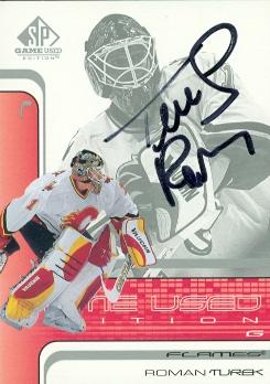 55817 Roman Turek Autographed Hockey Card Calgary Flames 2002 Ud Game Used No .6