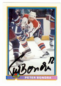58666 Peter Bondra Autographed Hockey Card 1991 Topps Bowman No 299 Washington Capitals 67