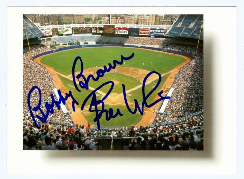 60771 Bill White and Bobby Brown Autographed Post Card 4X5 Yankee Stadium - New York Yankees League Presidents