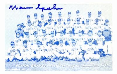 61850 Warren Spahn Autographed 1980 Exhibit Postcard 1948 Boston Braves Signed On Back By Tommy Holmes And Alvin Dark 67