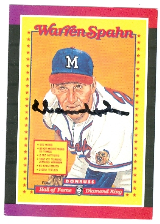62426 Warren Spahn Autographed Baseball Card Milwaukee Braves 1989 Donruss Diamond Kings No. 588