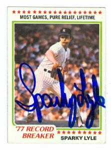 63427 Sparky Lyle Autographed Baseball Card New York Yankees 1978 Topps No. 2 Record Breaker