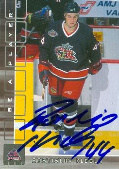 65744 Rostislav Klesla Autographed Hockey Card Columbus Blue Jackets 2001 In The Game No. 210