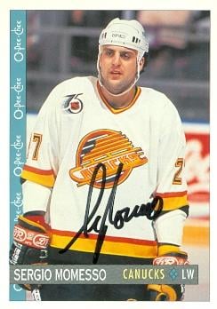 66028 Sergio Momesso Autographed Hockey Card Vancouver Canucks 1992 O-Pee-Chee No. 377 -  Autograph Warehouse