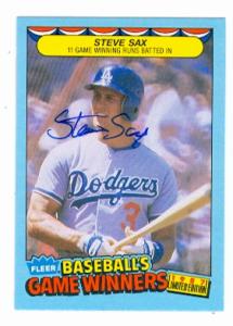 67356 Steve Sax Autographed Baseball Card Los Angeles Dodgers 1987 Fleer Baseball Game Winners No. 39