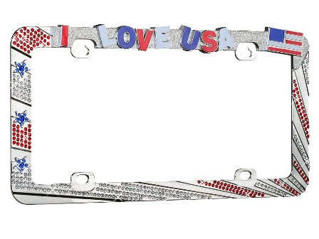 LPF2MC004RAW Glamorous Painted I Love Usa Design Metal License Plate Frame With Contours Of Red And White Crystals -  Valor