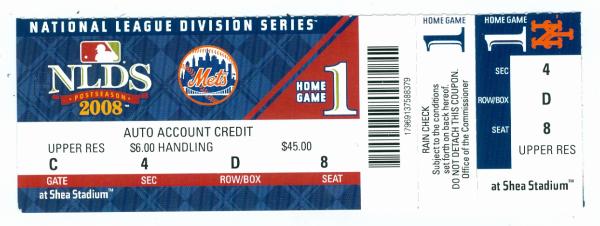 80411 2008 New York Mets 2008 Nlds Ticket Game 1 2 Or 3 Ticket