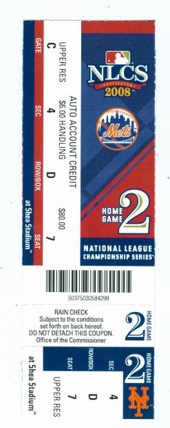 80412 2008 New York Mets 2008 Nlcs Ticket Game 1 2 Or 3 Ticket